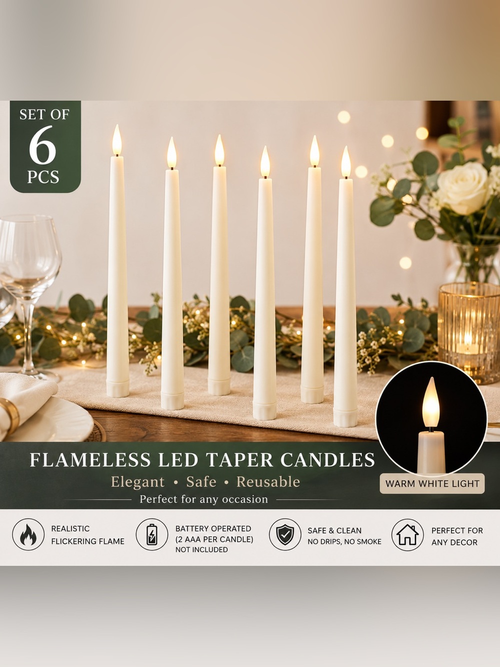6 LED Flameless Taper Candles White Battery Operated Wedding Table Decor